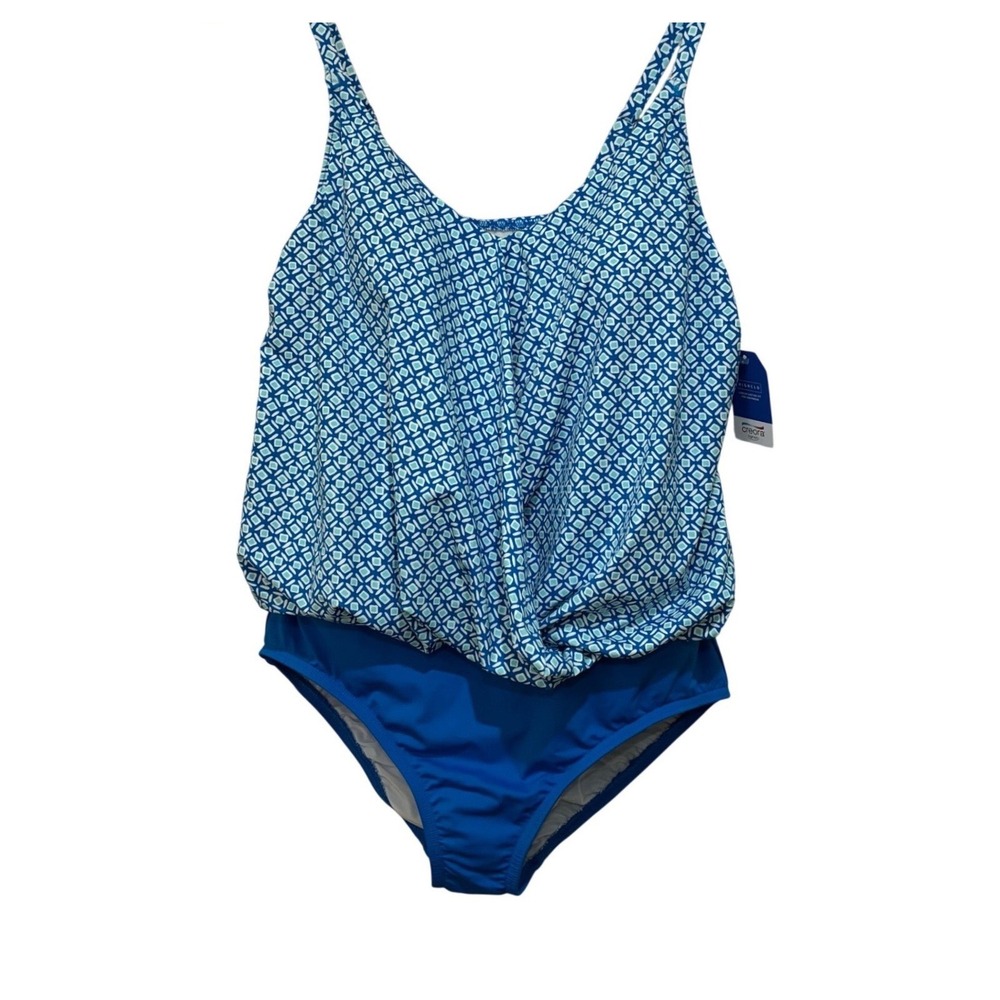 Lands End NWT Blue Geometric Blouson Tankini One Piece Swimsuit Size 12